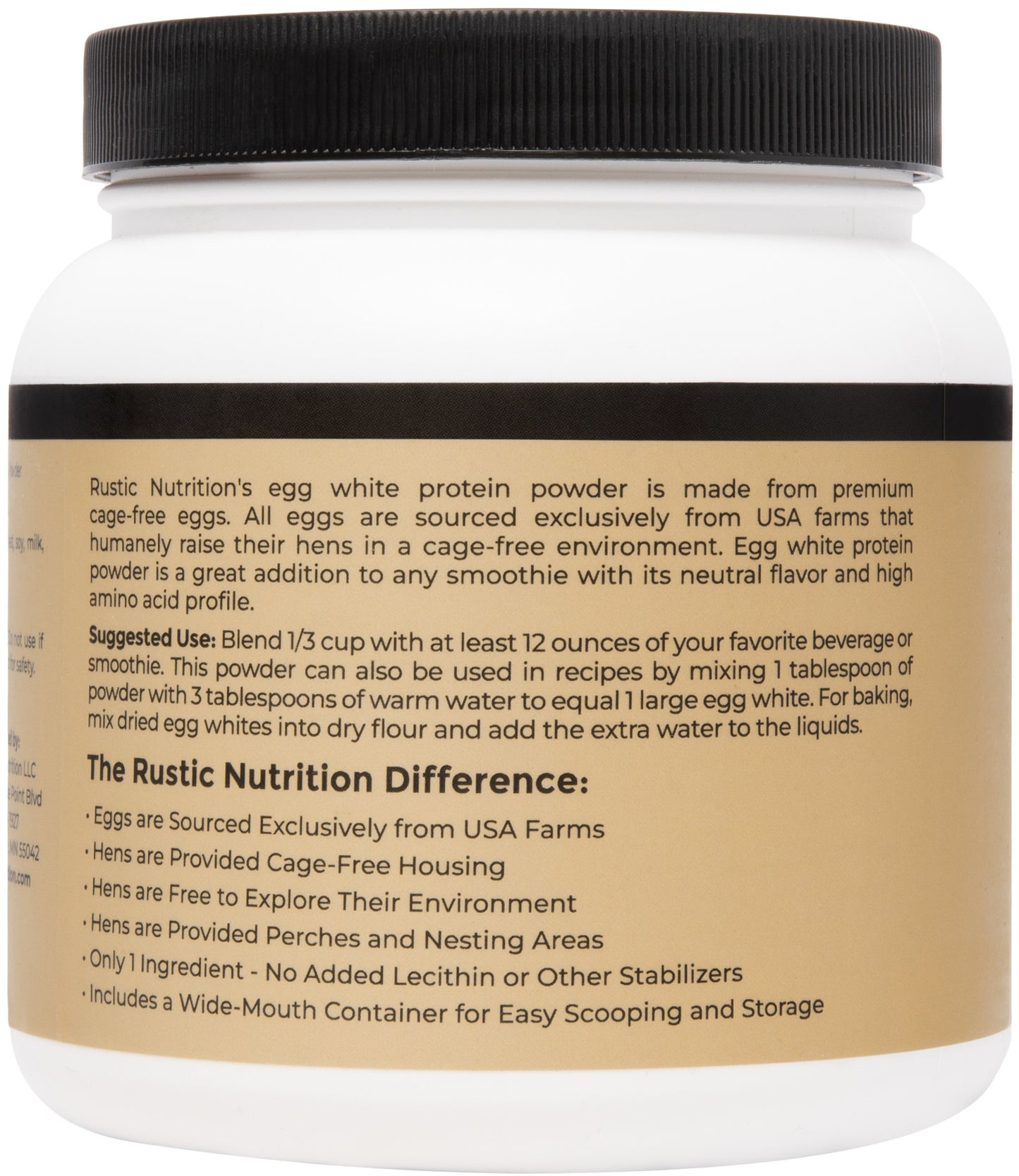 Rustic Nutrition Cage-Free Egg White Protein Powder, USA-Sourced, Humanely-Raised, 21g Protein, 0g Fat, 0g Sugar, 0g Cholesterol (Unflavored)