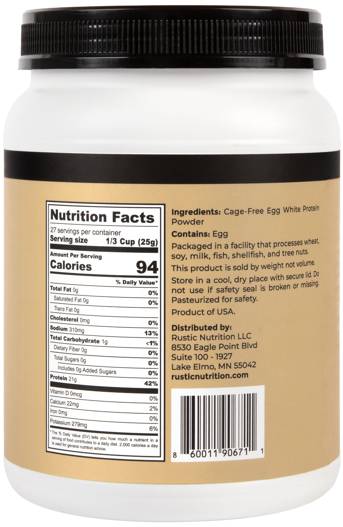 Rustic Nutrition Cage-Free Egg White Protein Powder, USA-Sourced, Humanely-Raised, 21g Protein, 0g Fat, 0g Sugar, 0g Cholesterol (Unflavored)