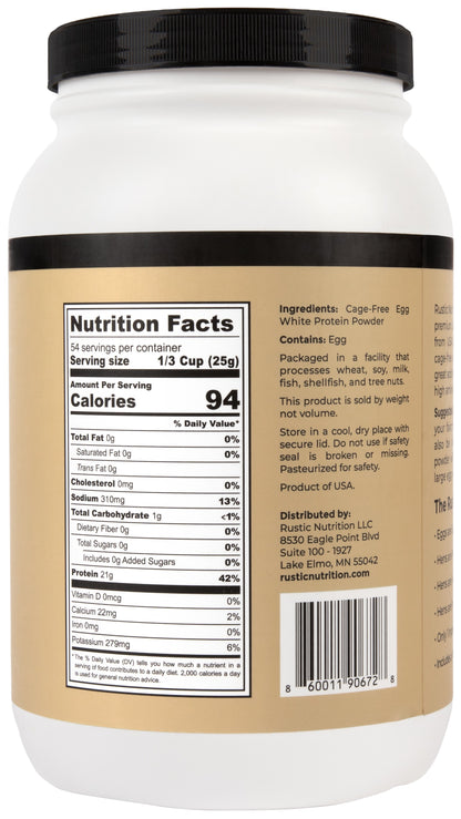 Premium Cage-Free Egg White Protein Powder, USA-Sourced, Humanely-Raised, 21g Protein, 0g Fat, 0g Sugar, 0g Cholesterol (Unflavored)
