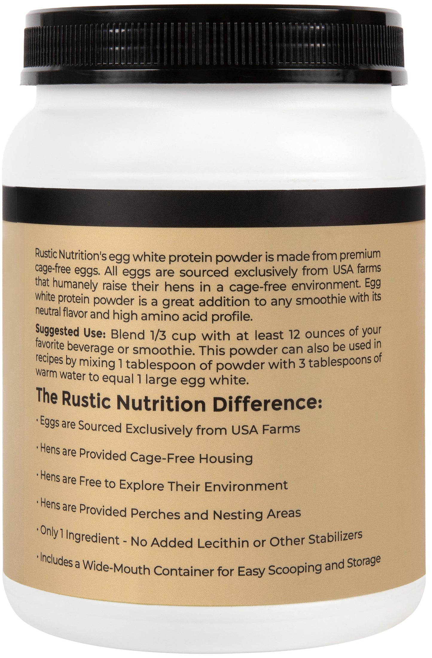 Rustic Nutrition Cage-Free Egg White Protein Powder, USA-Sourced, Humanely-Raised, 21g Protein, 0g Fat, 0g Sugar, 0g Cholesterol (Unflavored)