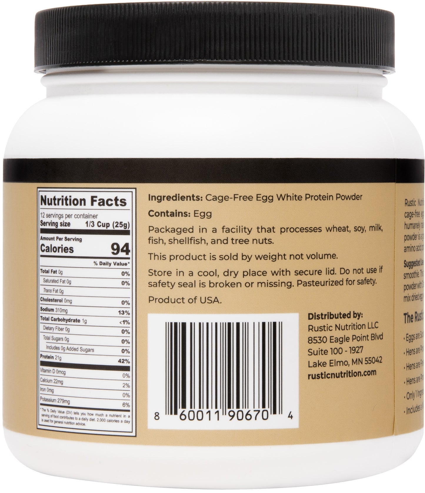 Rustic Nutrition Cage-Free Egg White Protein Powder, USA-Sourced, Humanely-Raised, 21g Protein, 0g Fat, 0g Sugar, 0g Cholesterol (Unflavored)