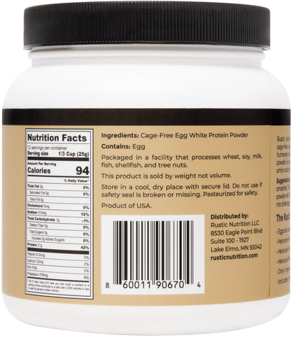 Rustic Nutrition Cage-Free Egg White Protein Powder, USA-Sourced, Humanely-Raised, 21g Protein, 0g Fat, 0g Sugar, 0g Cholesterol (Unflavored)